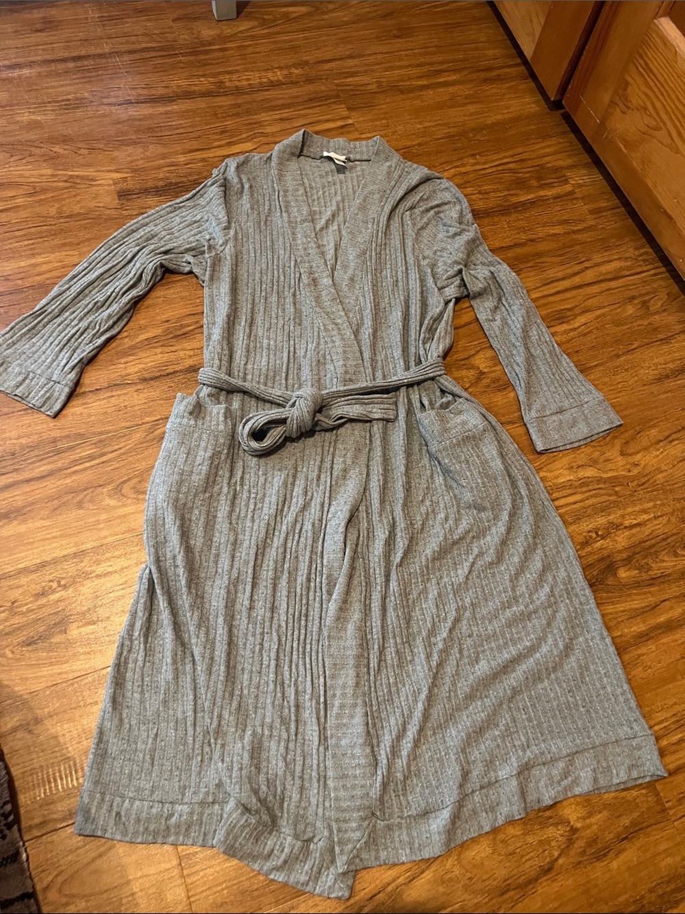 Eberjey Gray Ribbed Wrap Dress with Self-Tie Belt